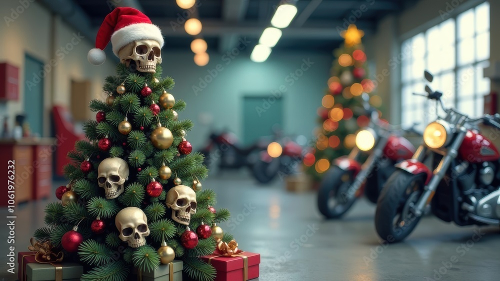 Christmas tree decorated with skulls, red and gold ornaments, and a Santa hat on top, set in a garage with motorcycles in the background and festive lights Christmas tree decorated with skulls, red and gold ornaments, and a Santa hat on top, set in a garage with motorcycles in the background and festive lights
