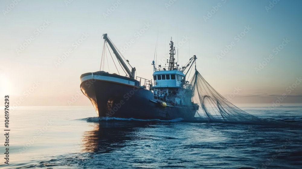 Obraz premium A fishing boat casting nets into calm waters at sunrise.