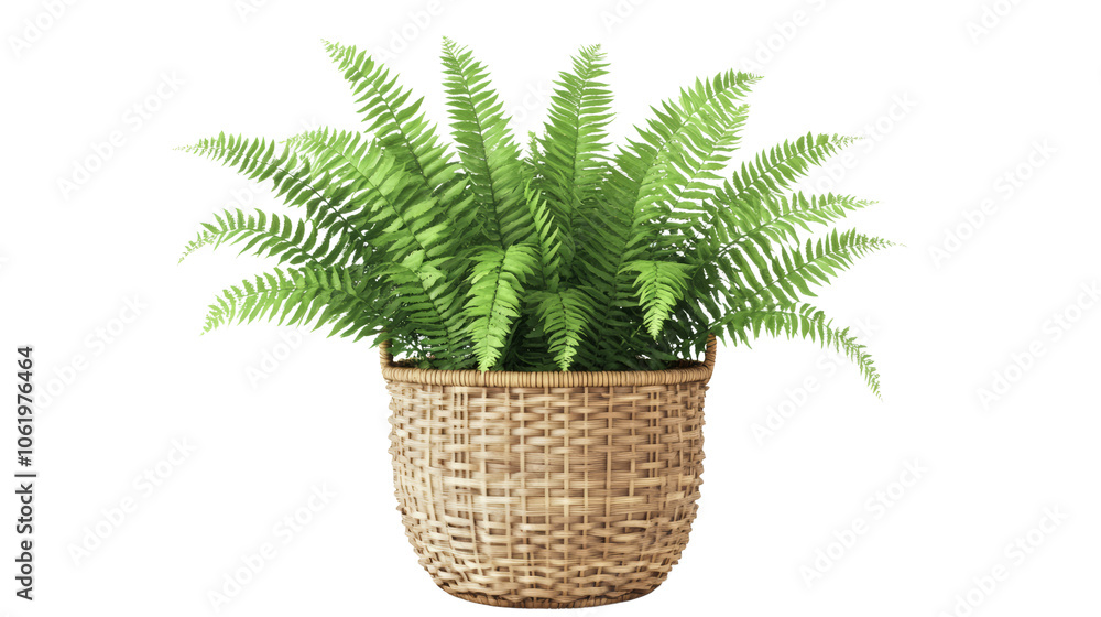 Lush green fern plant in a woven rattan basket on a white background, perfect for home decor and botanical decoration inspirations.