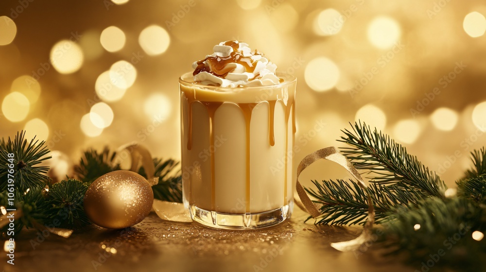 Eggnog with a touch of caramel syrup, isolated on a golden backdrop with sprigs of pine and a festive ribbon Eggnog with a touch of caramel syrup, isolated on a golden backdrop with sprigs of pine and a festive ribbon