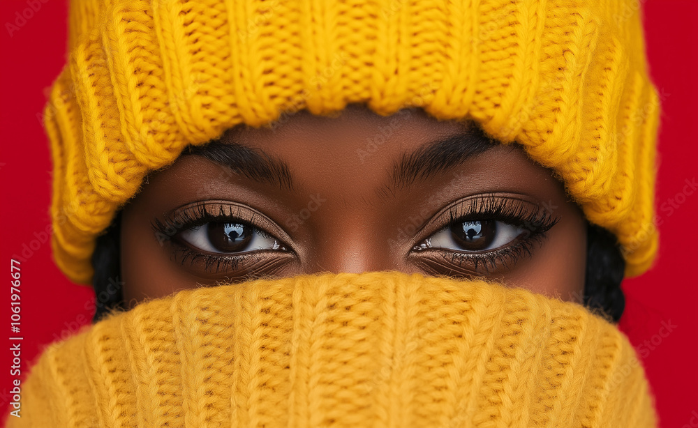 Close-up portrait of a woman with red hair bundled up in a warm yellow scarf and matching knit hat, standing against a red background. Close-up portrait of a woman with red hair bundled up in a warm yellow scarf and matching knit hat, standing against a red background.