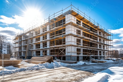 Building under construction with scaffolding, blue sky, and shadows