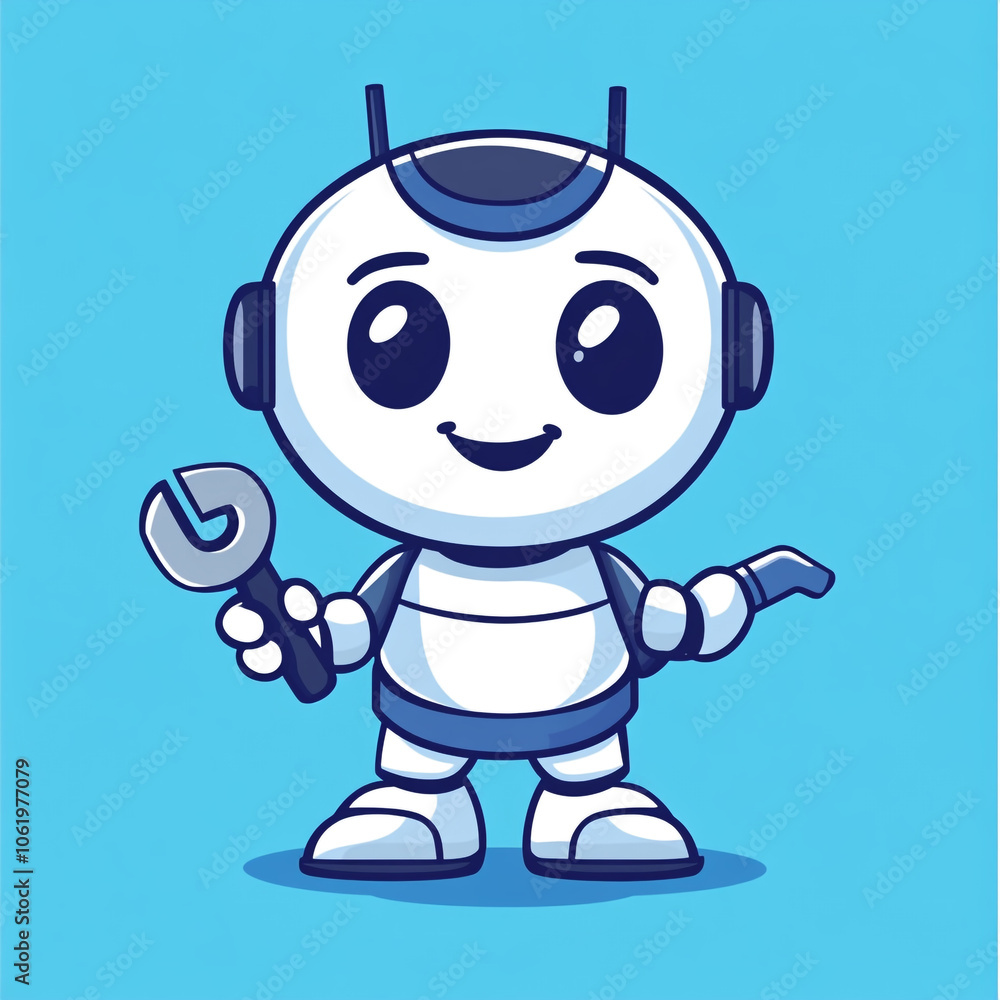 A cute robot holding an open wrench, in a simple flat style illustration logo design with a white background and blue color scheme. A cute robot holding an open wrench, in a simple flat style illustration logo design with a white background and blue color scheme.