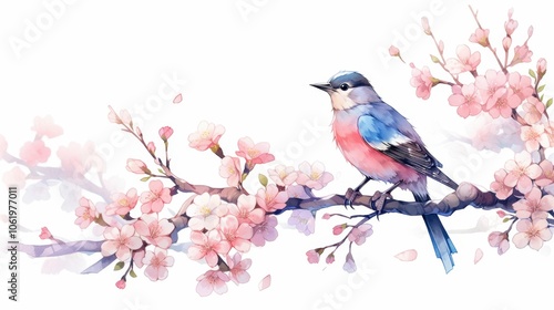 Artistic watercolor of a small bird on a blooming branch with soft pastel flowers isolated illustration on white background for postcards banners high quality sharp detail and definition