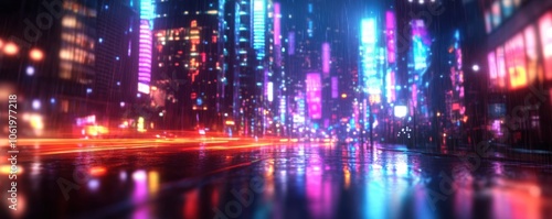 Vibrant city skyline at night with neon lights and reflections