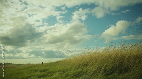 A serene landscape featuring tall grass under a cloudy sky.