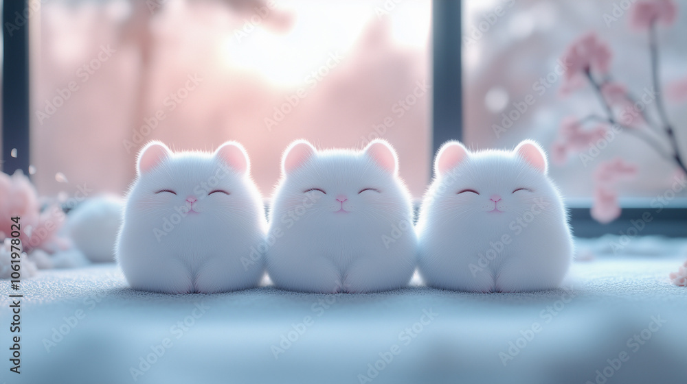 Cute kawaii hamsters joyfully posing together in a cozy room with soft lighting and pastel decorations Cute kawaii hamsters joyfully posing together in a cozy room with soft lighting and pastel decorations
