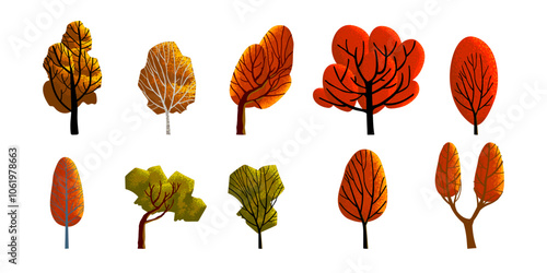 Set of deciduous and evergreen trees plants forest element vector illustration. Botanical and nature collection isolated on white background.