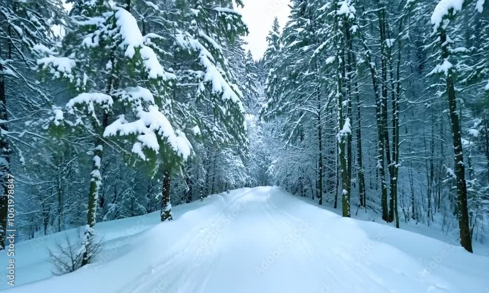Dramatic Snow-Covered Path Through a Winter Forest Dramatic Snow-Covered Path Through a Winter Forest