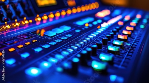 A close-up of a colorful audio mixing console with illuminated buttons and sliders.