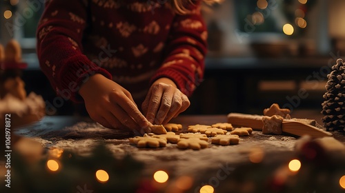 Little hands, big Christmas spirit! Shaping star cookies, festive flour dusts the scene. Sweet holiday baking! photo