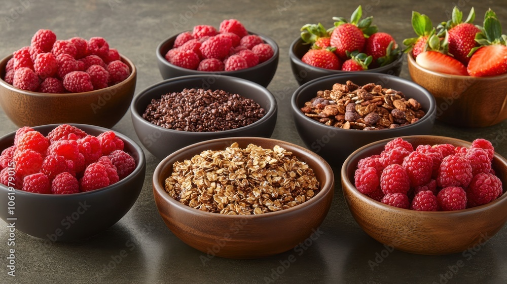 Fresh Berries and Granola in Wooden Bowls Fresh Berries and Granola in Wooden Bowls
