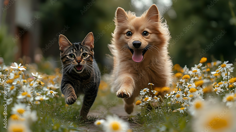 Photo of a Cat and Dog Running Through Flowers Photo of a Cat and Dog Running Through Flowers