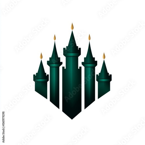 A stylized green castle logo featuring tall towers topped with gold accents against a white background.