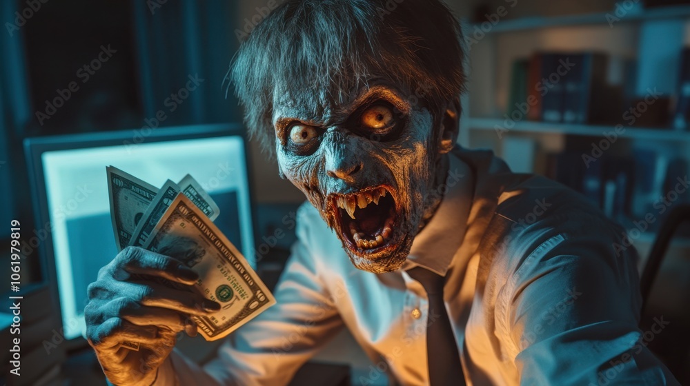 Zombie Businessman Holding Money in Office Setting Zombie Businessman Holding Money in Office Setting