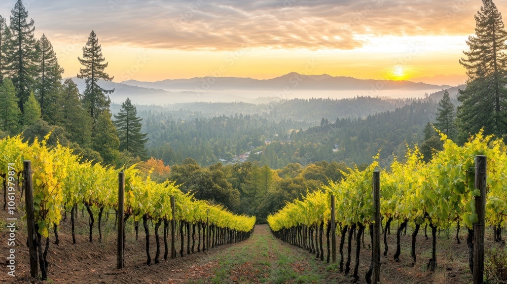 Fototapeta premium A serene vineyard landscape at sunset, showcasing rows of grapevines and distant mountains.