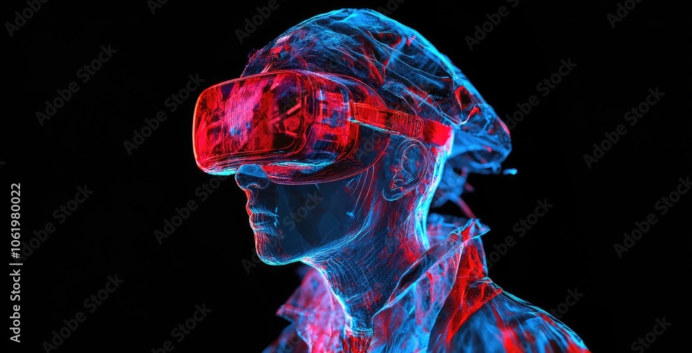 A person wearing VR glasses, standing sideways with hands raised to touch the screen in front of them, side view, pure black background, cool neon light effect, glitch art style A person wearing VR glasses, standing sideways with hands raised to touch the screen in front of them, side view, pure black background, cool neon light effect, glitch art style
