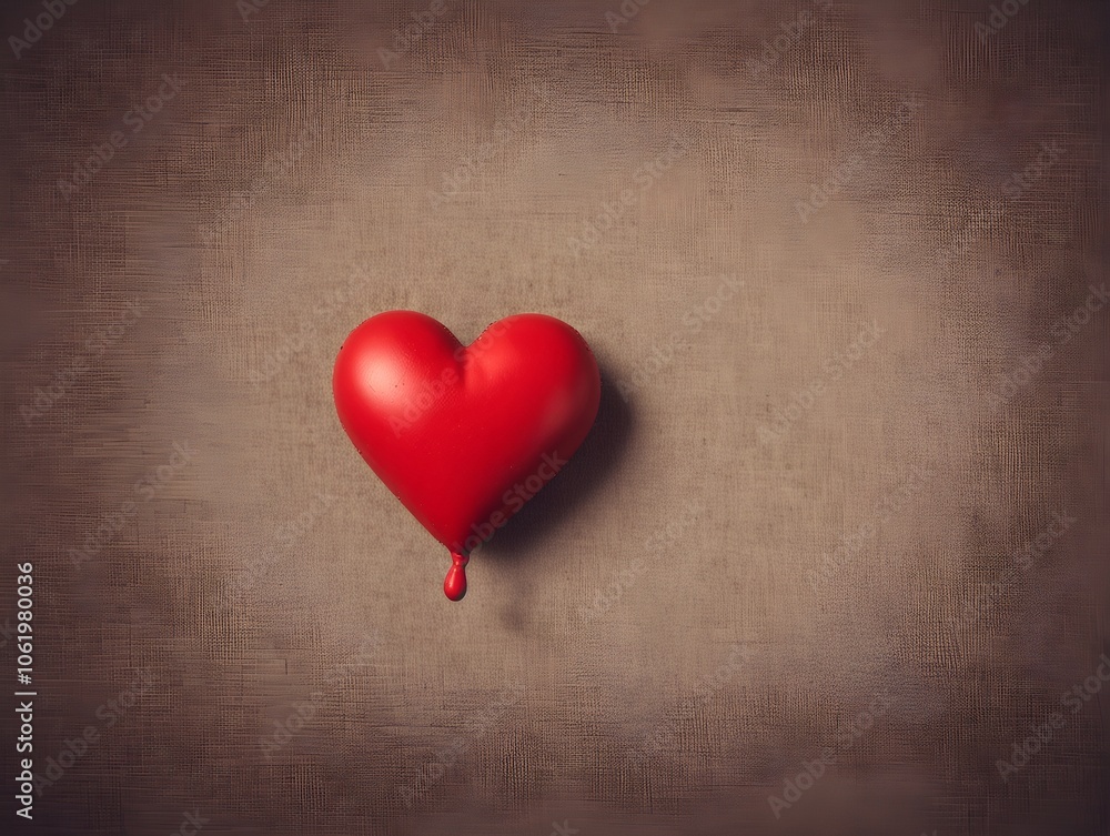 a red heart-shaped balloon against a textured brown background. The balloon appears to be floating, and there is a small drop hanging from the bottom point of the heart a red heart-shaped balloon against a textured brown background. The balloon appears to be floating, and there is a small drop hanging from the bottom point of the heart