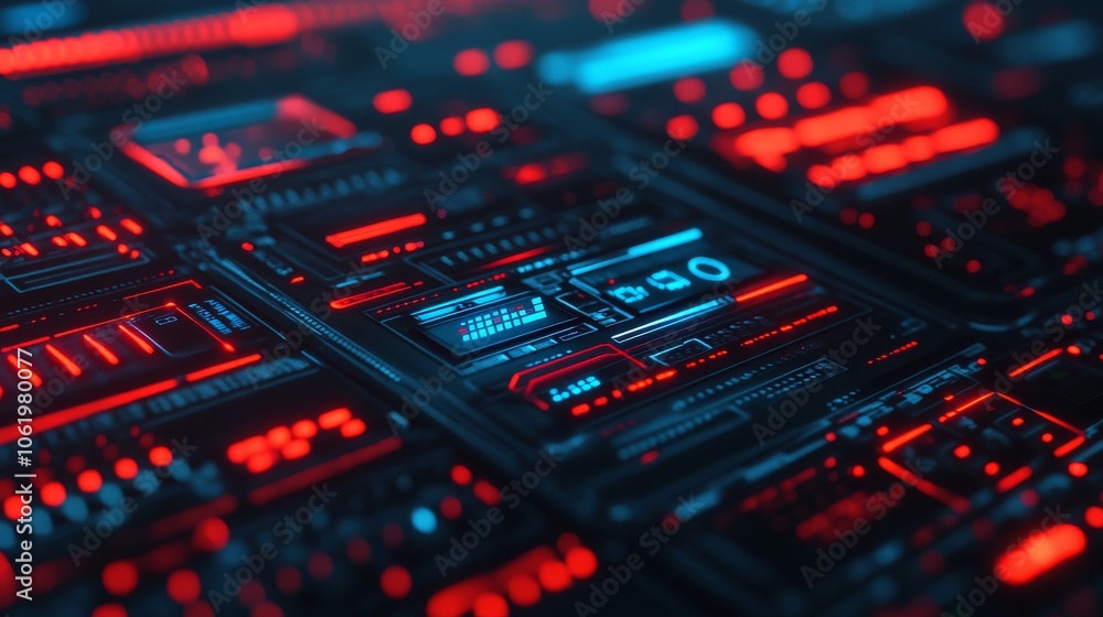 A vibrant, close-up view of futuristic digital interfaces with glowing red and blue elements, emphasizing technology and innovation in data visualization. A vibrant, close-up view of futuristic digital interfaces with glowing red and blue elements, emphasizing technology and innovation in data visualization.