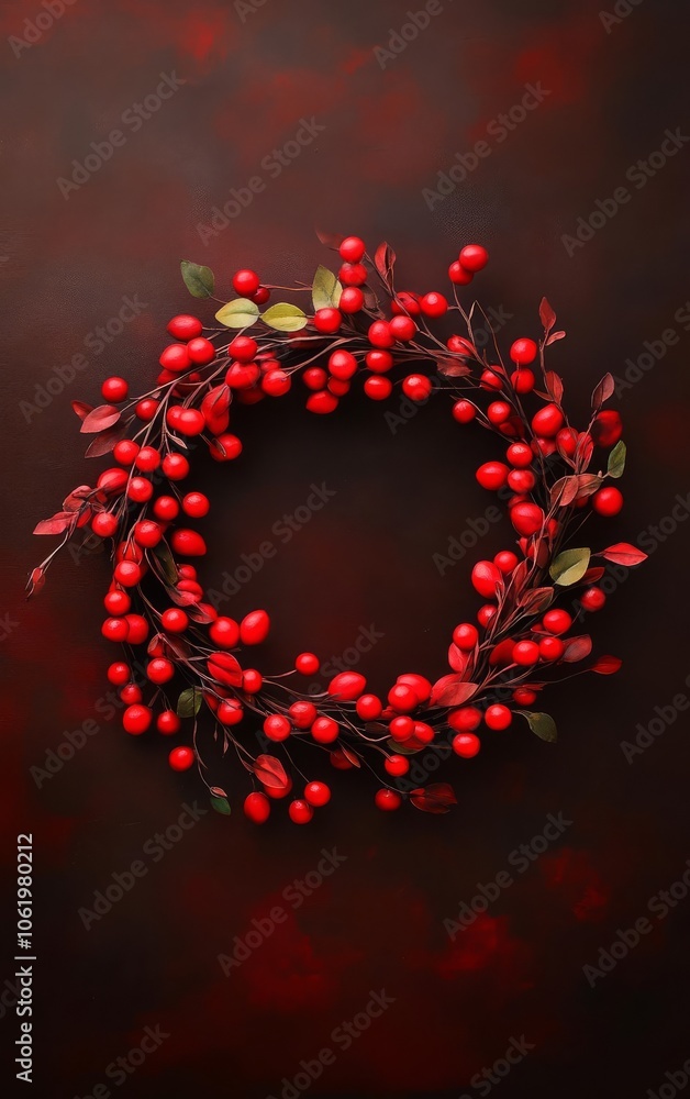 A vibrant red wreath adorned with berries and leaves, set against a dark background, ideal for festive decorations. A vibrant red wreath adorned with berries and leaves, set against a dark background, ideal for festive decorations.