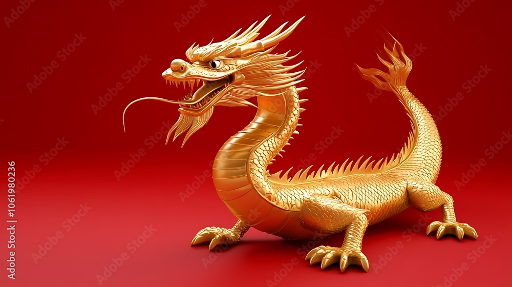 Fototapeta premium Golden Dragon Minimalist Design on Red Background