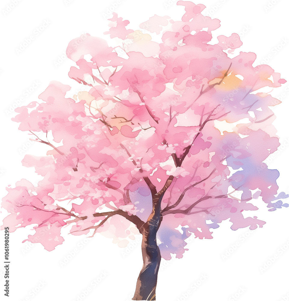 Fototapeta premium Cherry blossom tree watercolor painting isolated on transparent background.