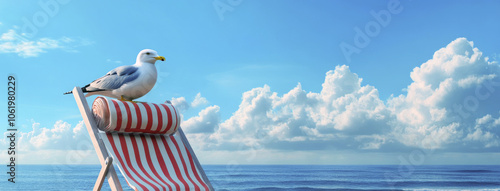 Seagull relaxing on beach chair by the sea with cloudy sky photo