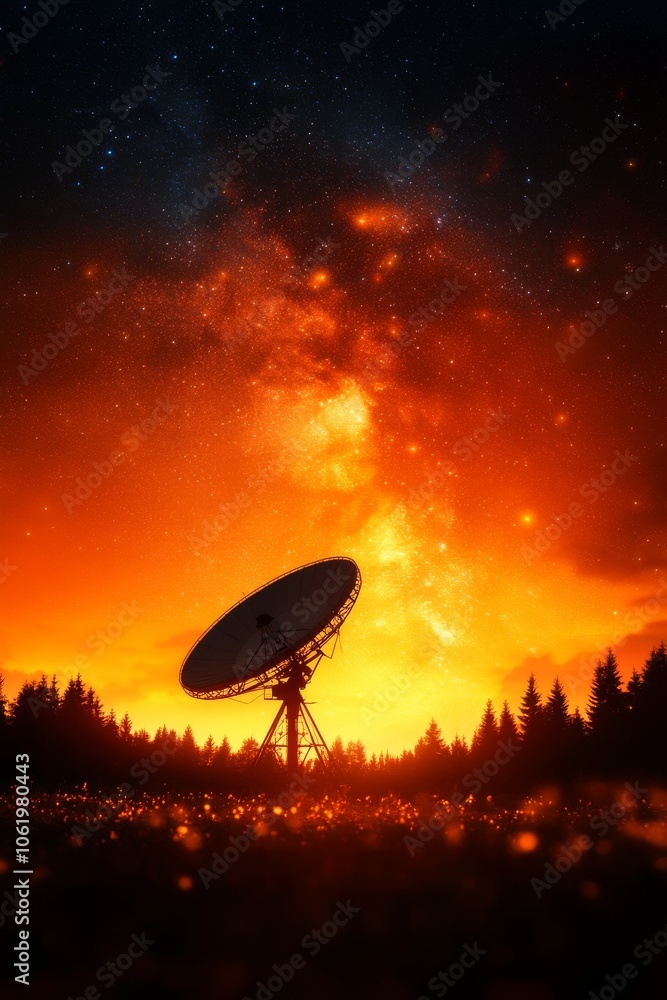 A stunning silhouette of a satellite dish against a vibrant cosmic backdrop filled with stars and galaxies, evoking a sense of exploration and wonder. A stunning silhouette of a satellite dish against a vibrant cosmic backdrop filled with stars and galaxies, evoking a sense of exploration and wonder.
