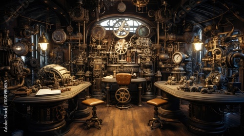 A steampunk-inspired workshop where money is being processed and converted into gears, cogs, and mechanical devices, with a vintage aesthetic. 