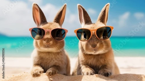 Two brown rabbits relaxing on a sunny beach near the ocean, wearing stylish sunglasses and enjoying the warm summer day