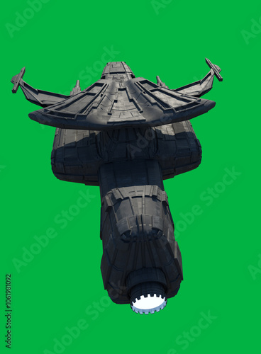 Alien Space Ship on Green Screen Background - Back View, 3d digitally rendered science fiction illustration