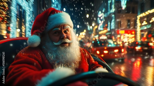 Santa's Midnight Christmas Eve Delivery!  He's dashing through the snow-covered city streets, delivering joy and presents! photo