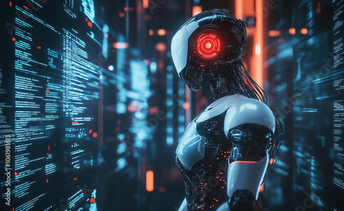 A futuristic humanoid robot with a transparent head and metallic body, surrounded by digital binary code, symbolizing advanced AI and technology.