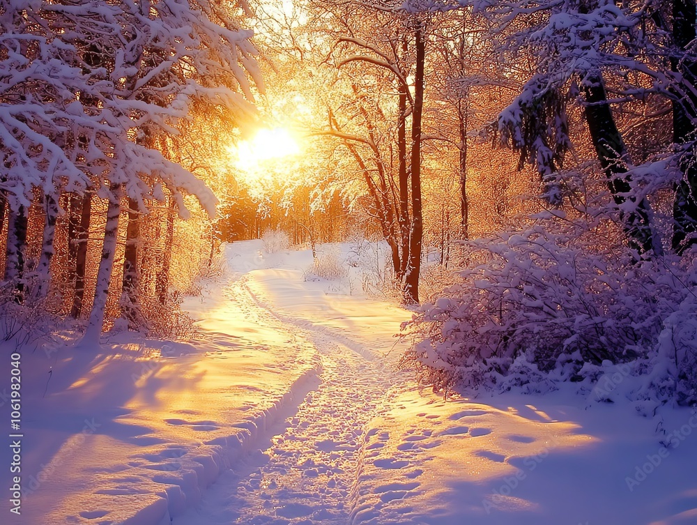 Winter sunset over snowy forest path