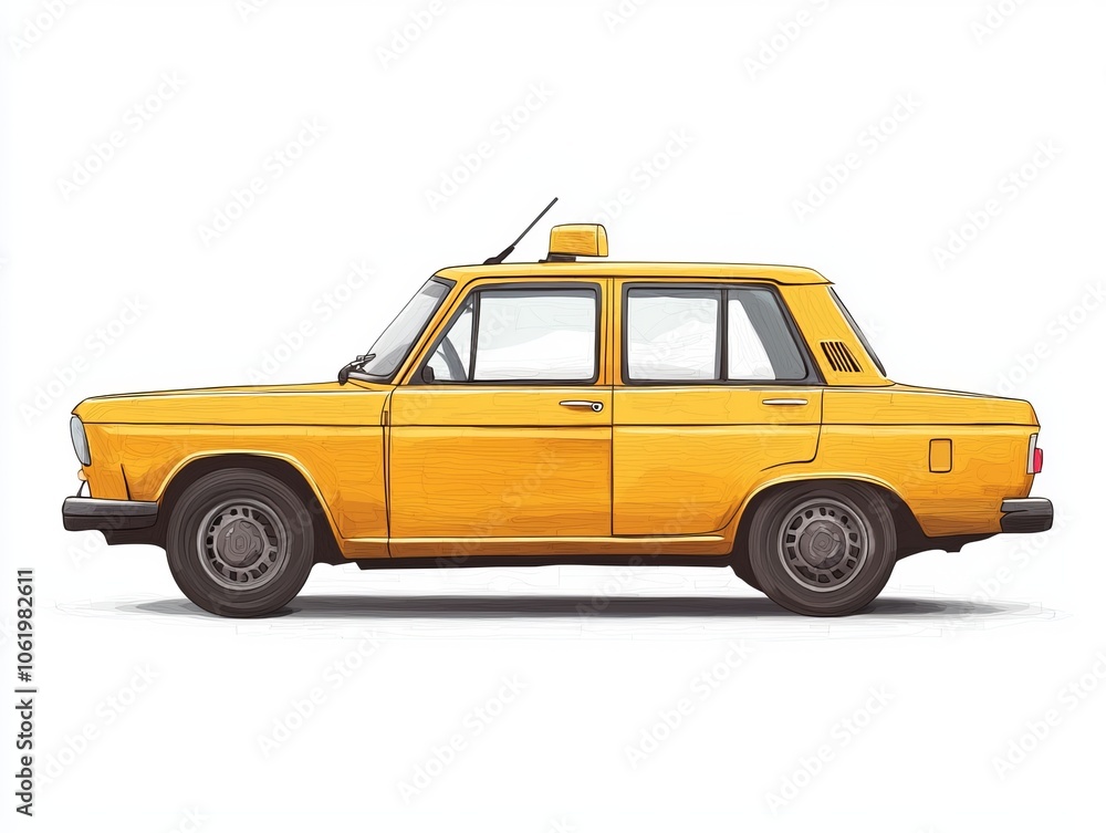 Fototapeta premium Yellow taxi cab, side view, white background.