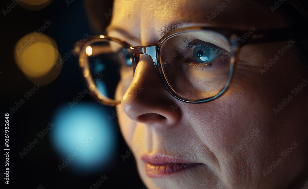 A focused young woman wearing glasses with screen reflections, intensely working or studying in low light. A focused young woman wearing glasses with screen reflections, intensely working or studying in low light.