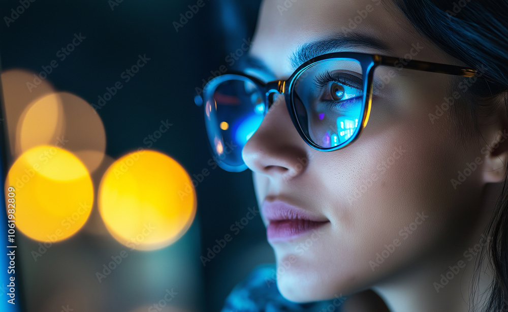 A focused young woman wearing glasses with screen reflections, intensely working or studying in low light. A focused young woman wearing glasses with screen reflections, intensely working or studying in low light.