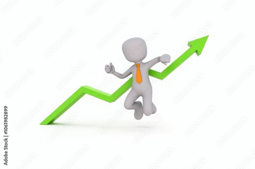 3d man red arrow success chart on white background.