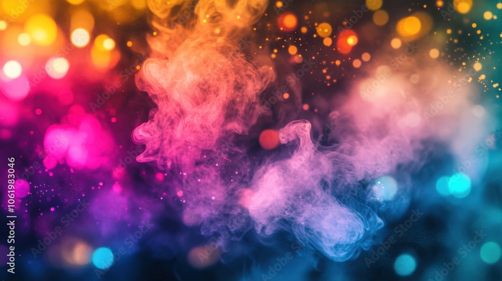 Colorful smoke and glitter swirls in a vibrant abstract background Colorful smoke and glitter swirls in a vibrant abstract background