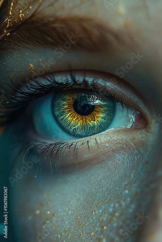 2A close-up of a glowing human eye with vibrant blue and yellow hues. The detailed texture of the iris and the vivid colors create a mesmerizing and surreal effect, while the glowing details add a sen