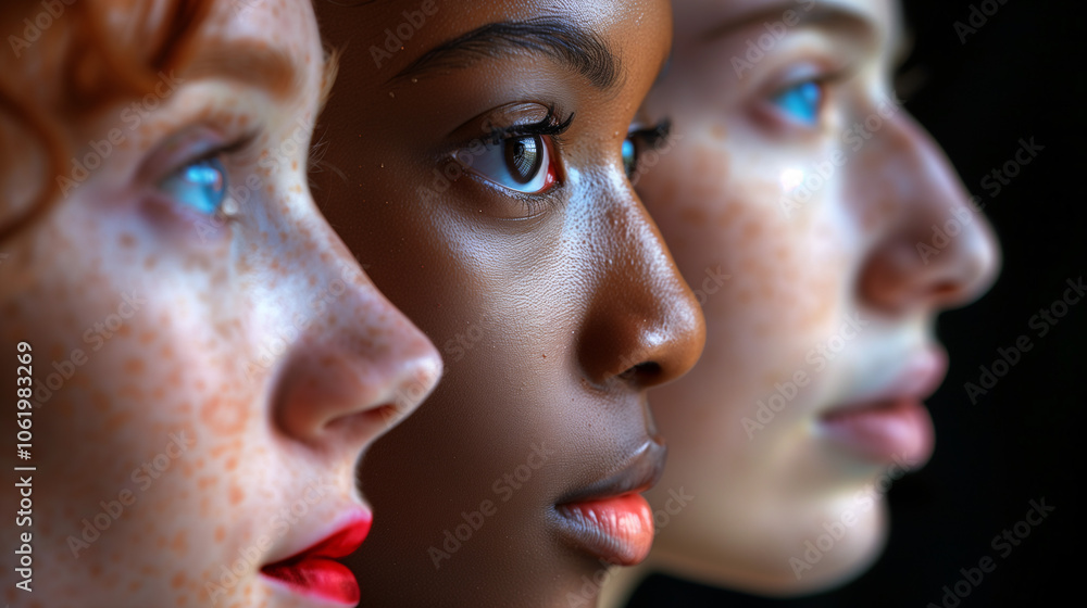 Retrato de perfil de mujeres diversas mirando al frente con expresión determinada Retrato de perfil de mujeres diversas mirando al frente con expresión determinada