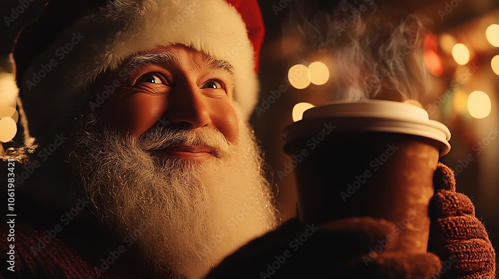 Warm Smiling Santa Enjoying Steaming Cup Amid Holiday Warmth : Generative AI Warm Smiling Santa Enjoying Steaming Cup Amid Holiday Warmth : Generative AI