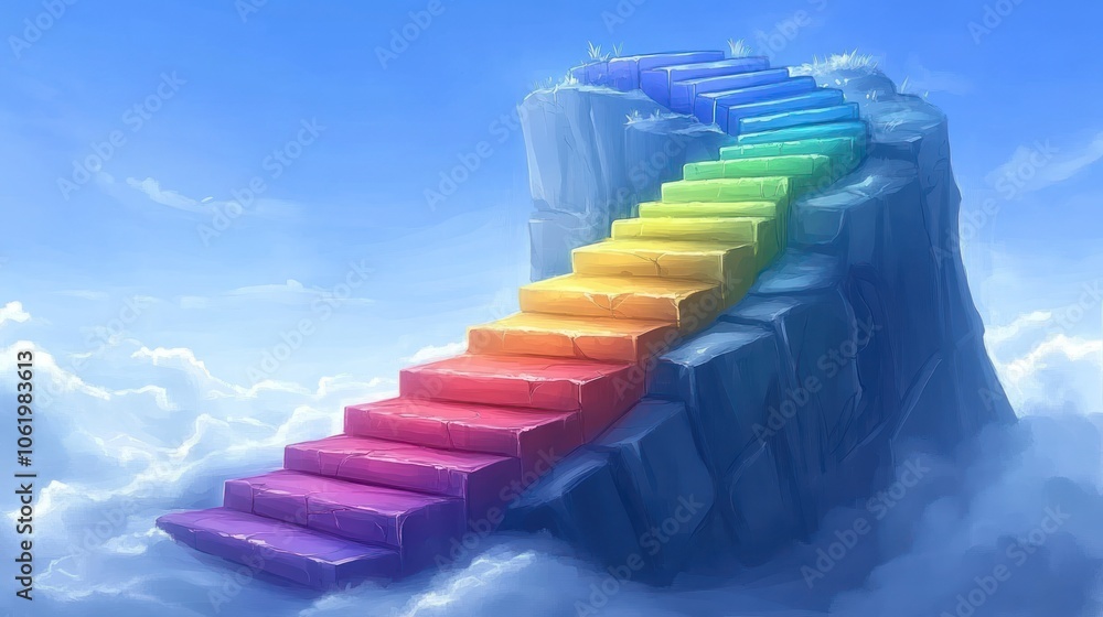 Fototapeta premium A Captivating Spiral Staircase Ascending into a Dreamy Sky of Clouds and Colors, Inviting Exploration and Imagination Possible Beyond