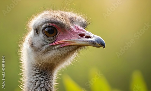 Close-up of an ostrich, its bulging eyes looking at the camera against a savanna backdrop