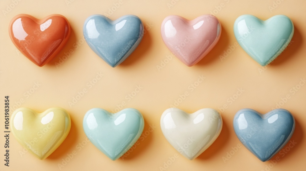Fototapeta premium Colorful Heart Shaped Ceramic Objects on Orange Background
