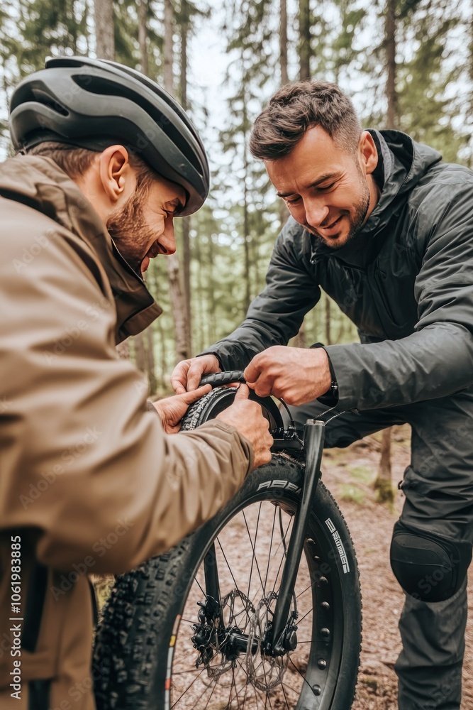 Fototapeta premium Two men repairing a bicycle tire in a forest setting.