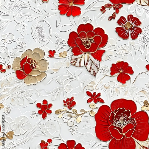 Elegant Red and Gold Floral Pattern on White Background photo