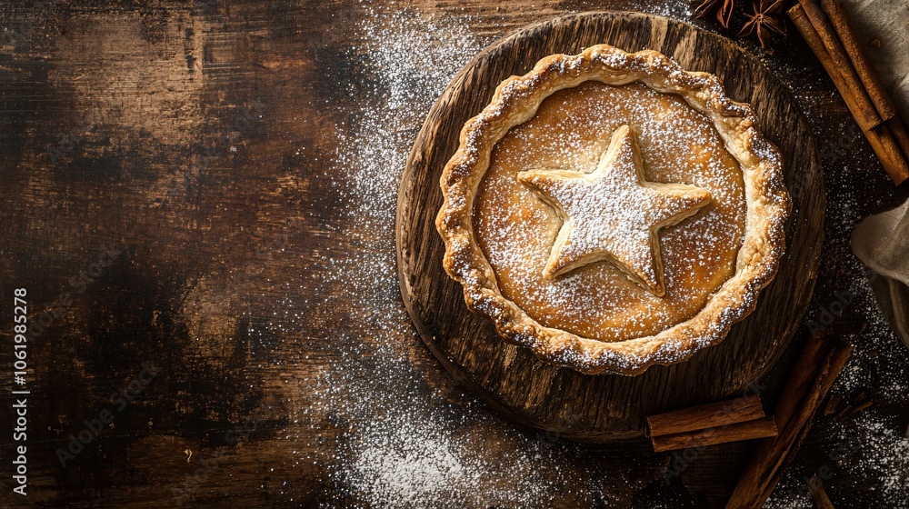 Golden mince pie with star-shaped crust, isolated on a rustic wooden background with dusting of powdered sugar and cinnamon sticks Golden mince pie with star-shaped crust, isolated on a rustic wooden background with dusting of powdered sugar and cinnamon sticks