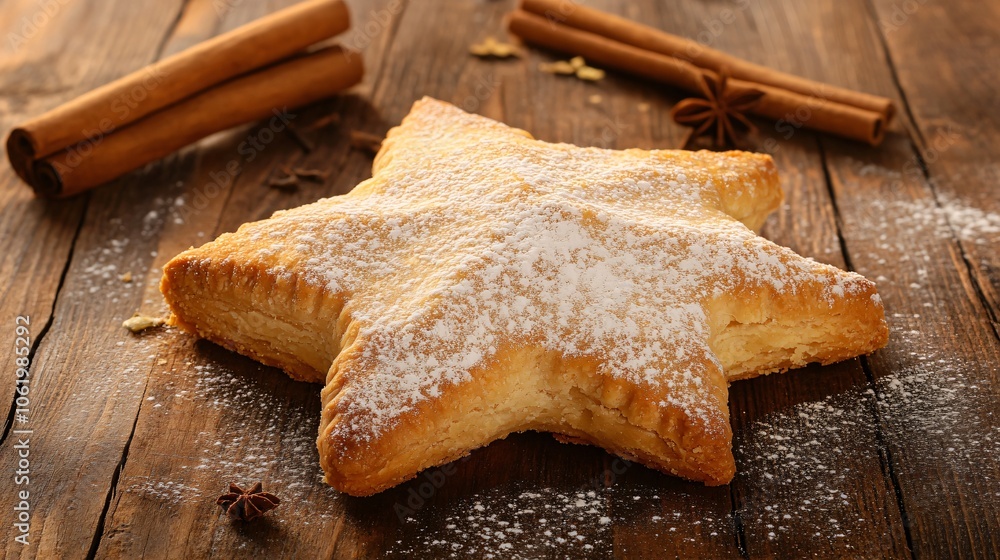 Golden mince pie with star-shaped crust, isolated on a rustic wooden background with dusting of powdered sugar and cinnamon sticks Golden mince pie with star-shaped crust, isolated on a rustic wooden background with dusting of powdered sugar and cinnamon sticks