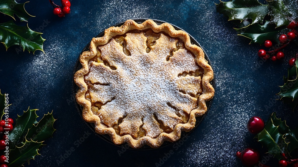 Mince pie with a fluted crust and powdered sugar topping, isolated on a navy blue background with a few holly leaves Mince pie with a fluted crust and powdered sugar topping, isolated on a navy blue background with a few holly leaves